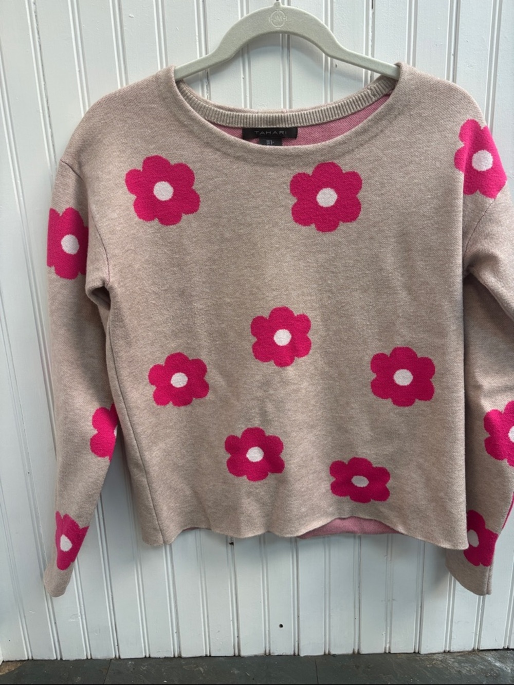 Tahari Beige Sweater with Bright Pink Flower Accents and Button Up Back S